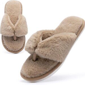 Women Slippers Fluffy Fur Open Toe Memory Foam Indoor Outdoor Cozy Shoes